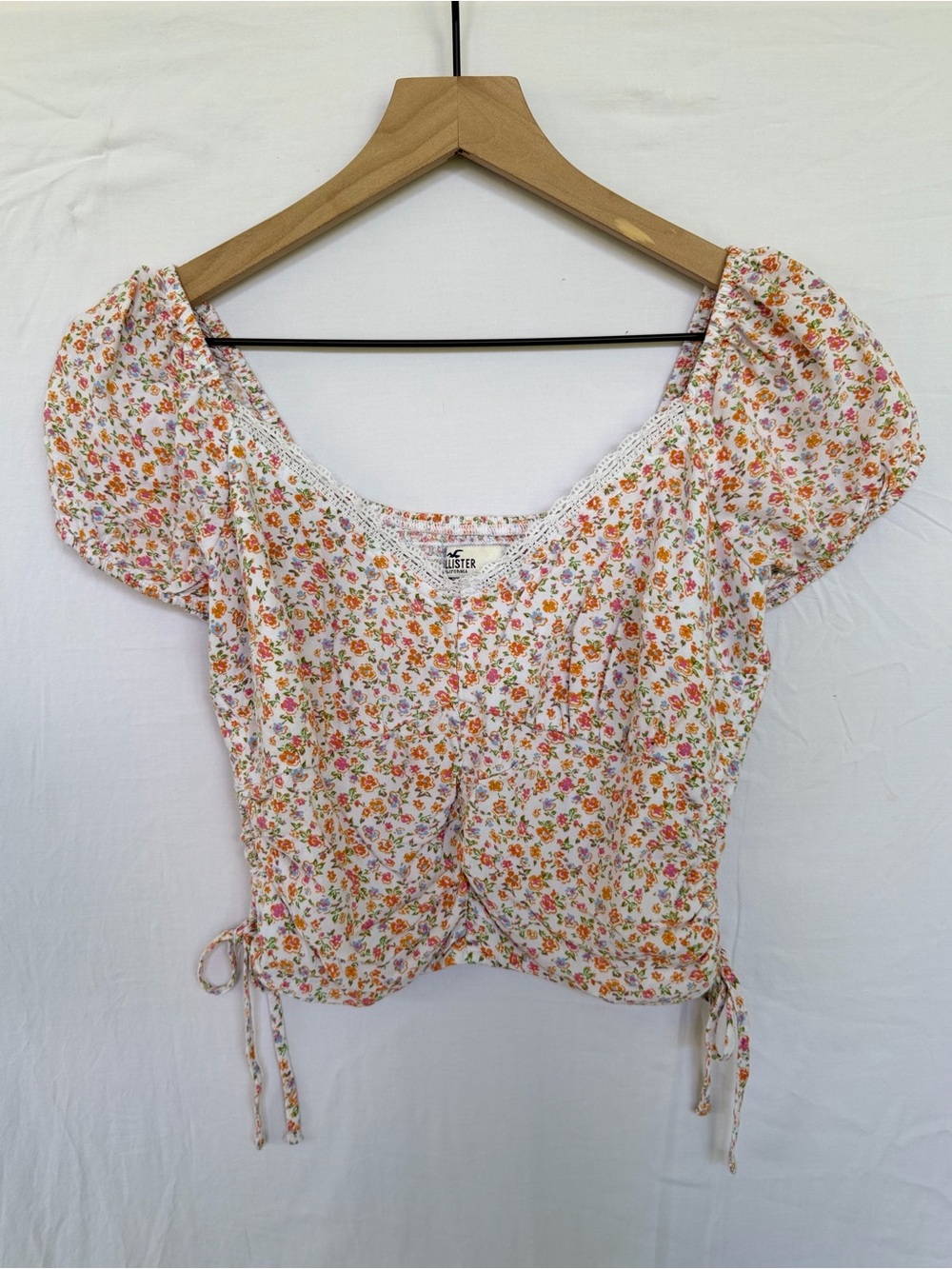 Hollister Floral Milkmaid Top S Cottagecore Coquette Puff Sleeve Ruched Blouse